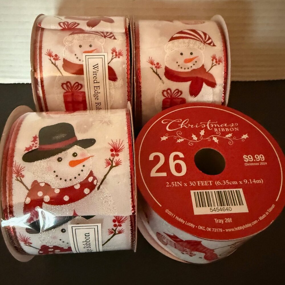NEW 4 Rolls Wired Edge Holiday Ribbon - Snowman - 2.5" x 30’
